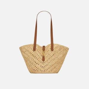 Beige / Dark Red Women Kith Saint Laurent Panier Rafia Tote Bags | 6094-JCBSX
