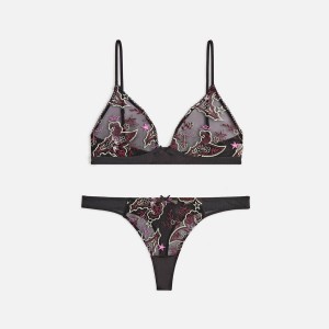 Black Women Kith Embroidered Bra and Thong Set Underwear | 8719-SRJDH