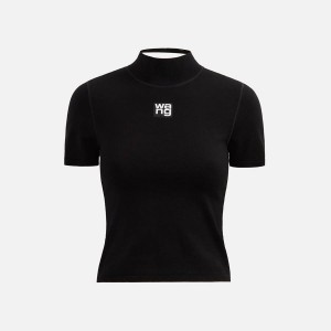 Black Women Kith T by Alexander Wang Foundation Bodycon Mock Neck Top with Logo Patch Shirts | 5807-BZEGD