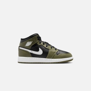 Black / White / Olive Kids' Kith Nike Air Jordan 1 Mid Sneakers | 9354-KPHMB