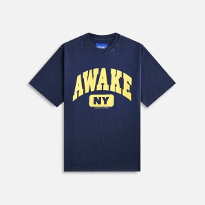 Navy Men Kith Awake NY Varsity T-Shirt | 8697-EYTPD