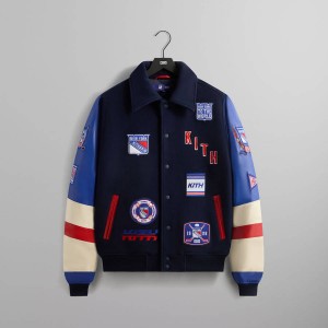 Navy Men Kith for the New York Rangers Wool Leather Varsity Jackets | 1849-UNKHS