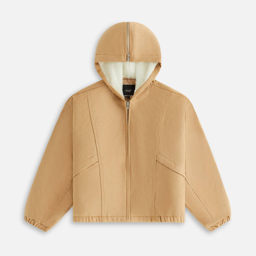 Beige Women Kith Nylas Microsuede Zip Hooded Bomber Jackets | 2153-DLSYJ
