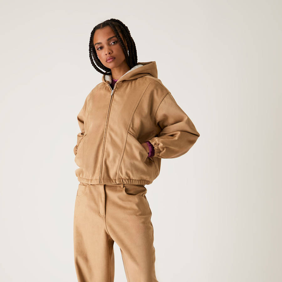 Beige Women Kith Nylas Microsuede Zip Hooded Bomber Jackets | 2153-DLSYJ