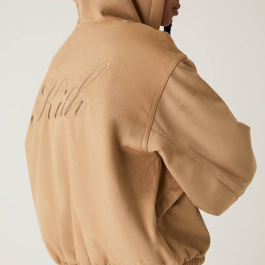 Beige Women Kith Nylas Microsuede Zip Hooded Bomber Jackets | 2153-DLSYJ