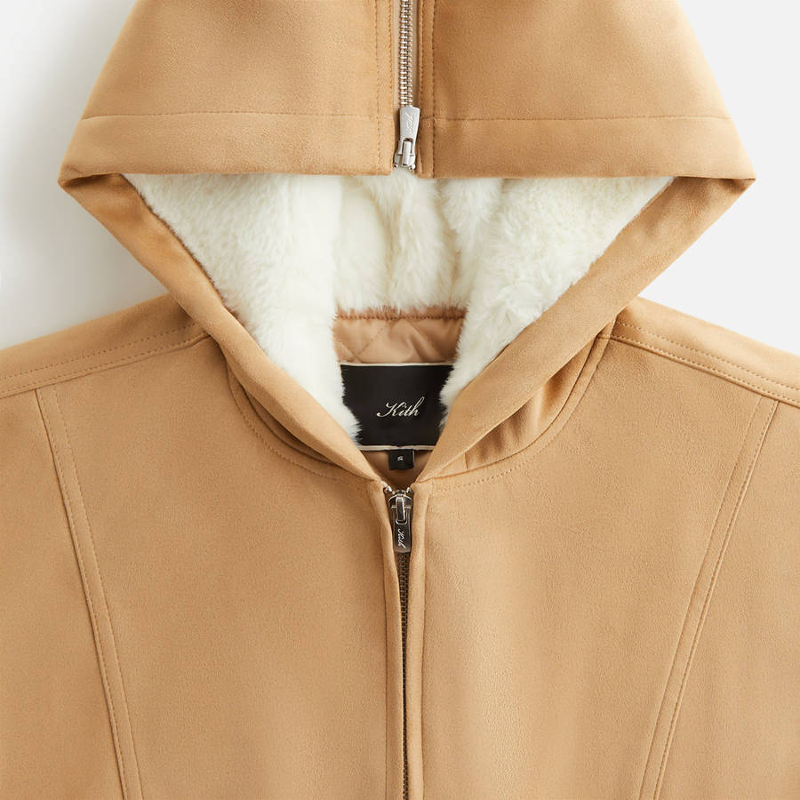 Beige Women Kith Nylas Microsuede Zip Hooded Bomber Jackets | 2153-DLSYJ