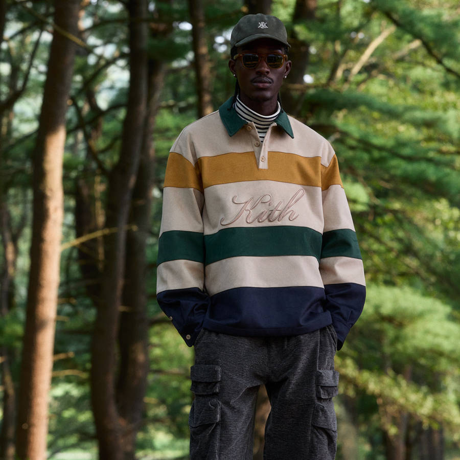 Beige / Green Men Kith Stripe Microsuede Tanner Pullover Sweatshirts | 4286-FZJMS