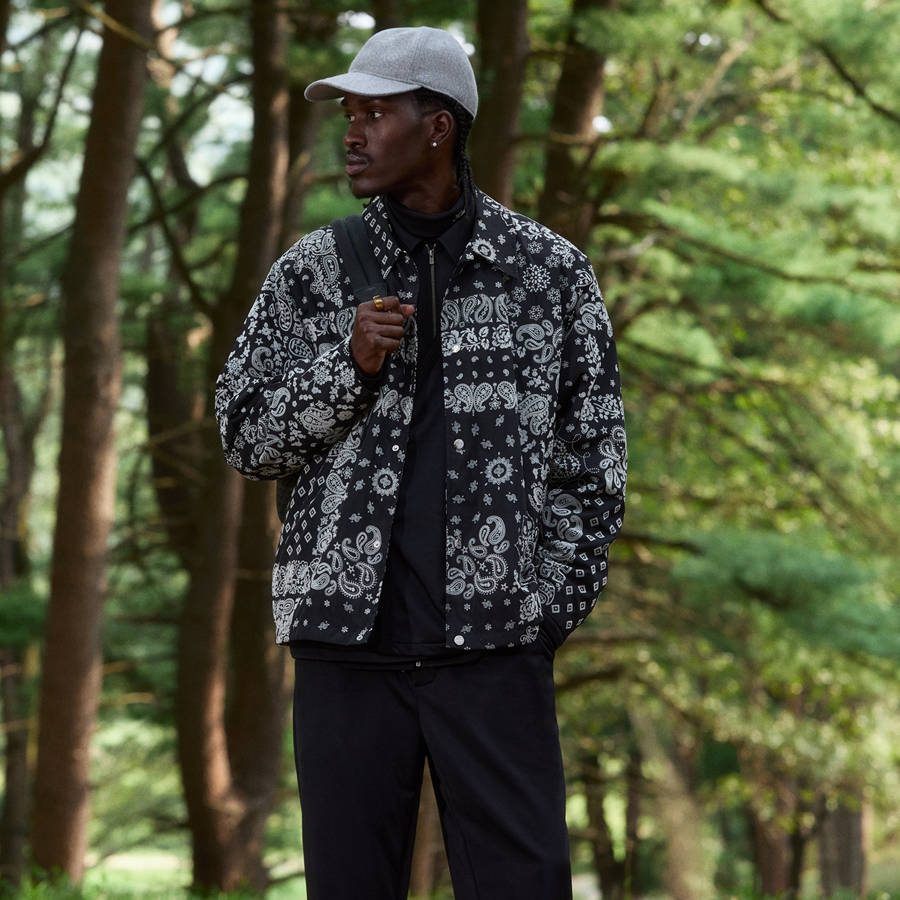 Black Men Kith Flocked Deconstructed Bandana Coaches Jackets | 4720-RUIAY