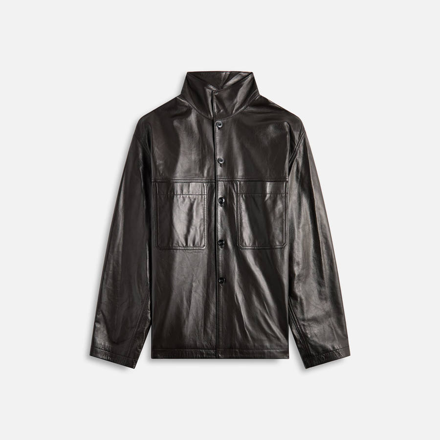 Black Men Kith Lemaire Leather Stand Collar Shirts | 0287-IJEOZ