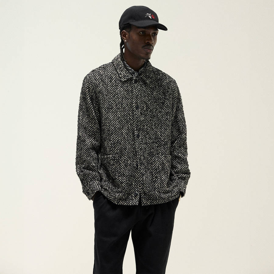 Black Men Kith Oversized Herringbone Boxy Collared Shirts | 6015-WTMOS