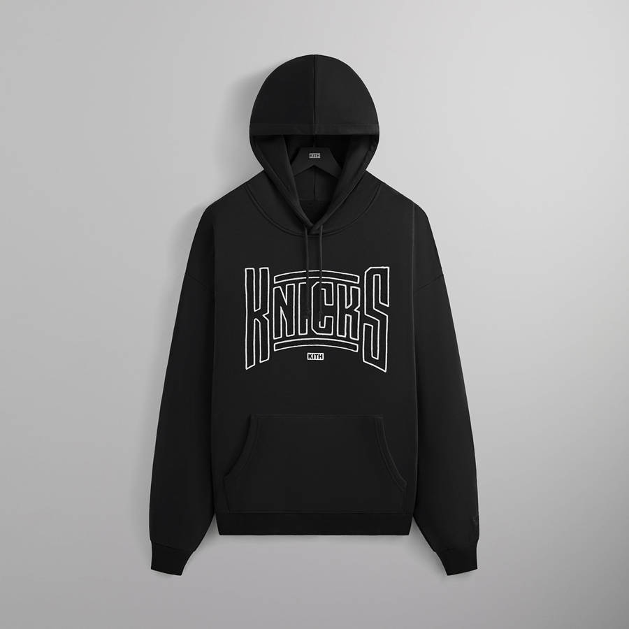 Black Men Kith for the New York Knicks Arched Vintage Nelson Hoodie Sweatshirts | 9637-HTCAF