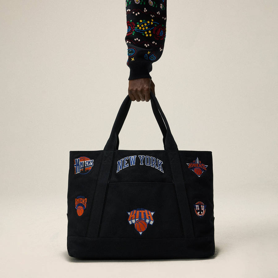 Black Men Kith for the New York Knicks All Over Embroidered Canvas Tote Bags | 5673-JOXLB