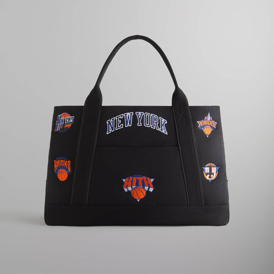 Black Men Kith for the New York Knicks All Over Embroidered Canvas Tote Bags | 5673-JOXLB