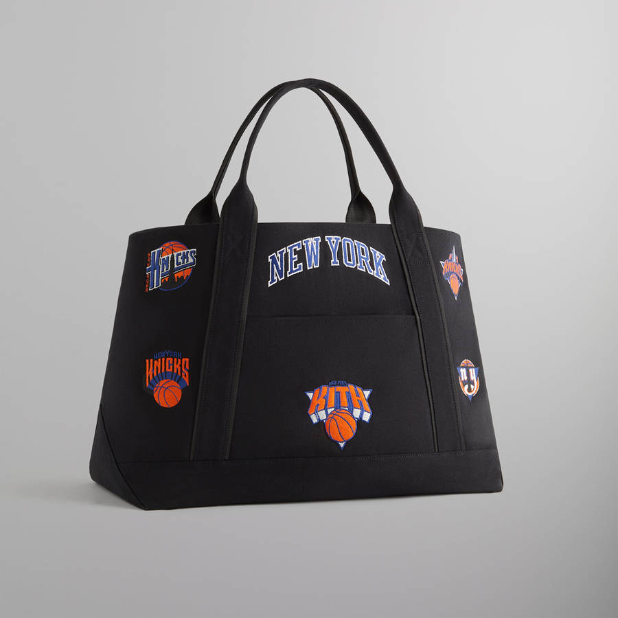 Black Men Kith for the New York Knicks All Over Embroidered Canvas Tote Bags | 5673-JOXLB