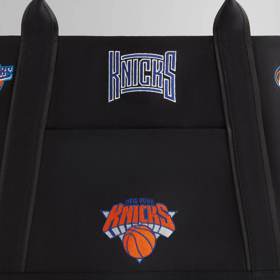 Black Men Kith for the New York Knicks All Over Embroidered Canvas Tote Bags | 5673-JOXLB