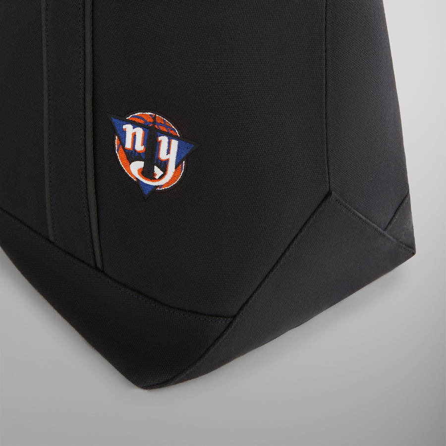 Black Men Kith for the New York Knicks All Over Embroidered Canvas Tote Bags | 5673-JOXLB