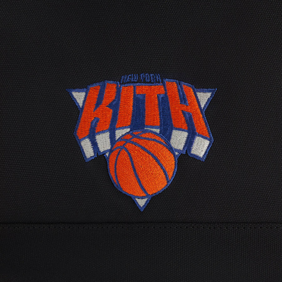 Black Men Kith for the New York Knicks All Over Embroidered Canvas Tote Bags | 5673-JOXLB