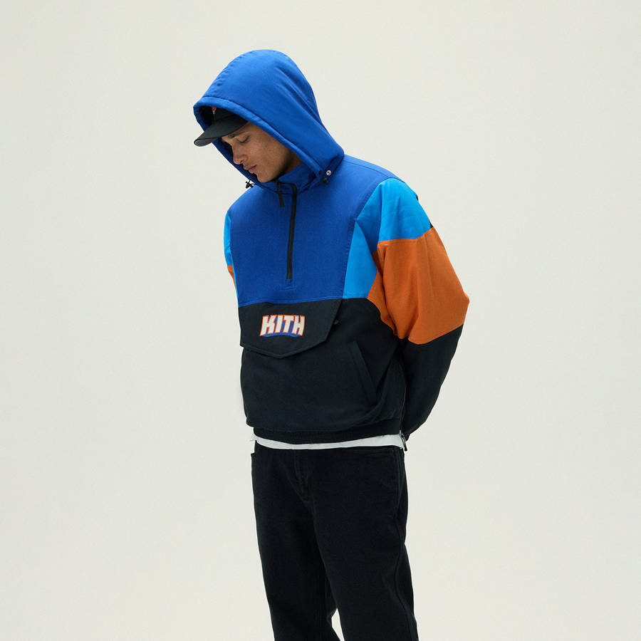 Black Men Kith for the New York Knicks Wings Quarter Zip Anorak Jackets | 4705-PAQVE