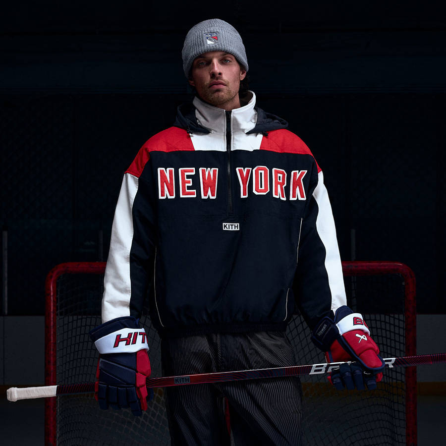 Black Men Kith for the New York Rangers Quarter Zip Anorak Jackets | 1492-MEWUA
