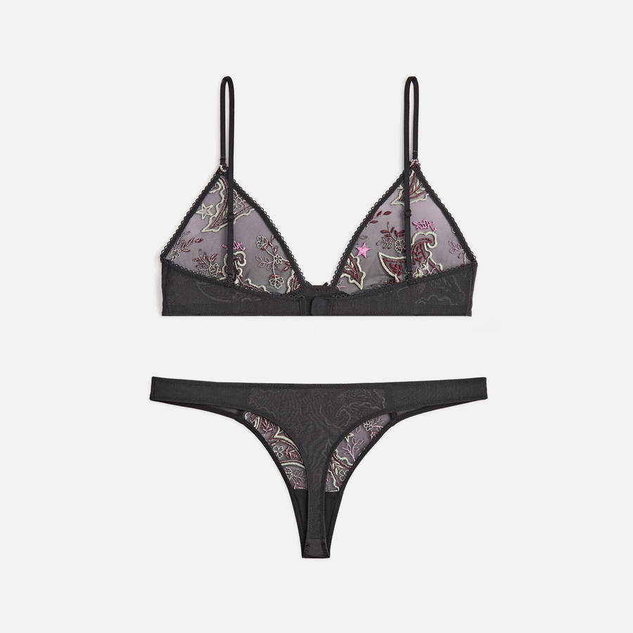 Black Women Kith Embroidered Bra and Thong Set Underwear | 8719-SRJDH