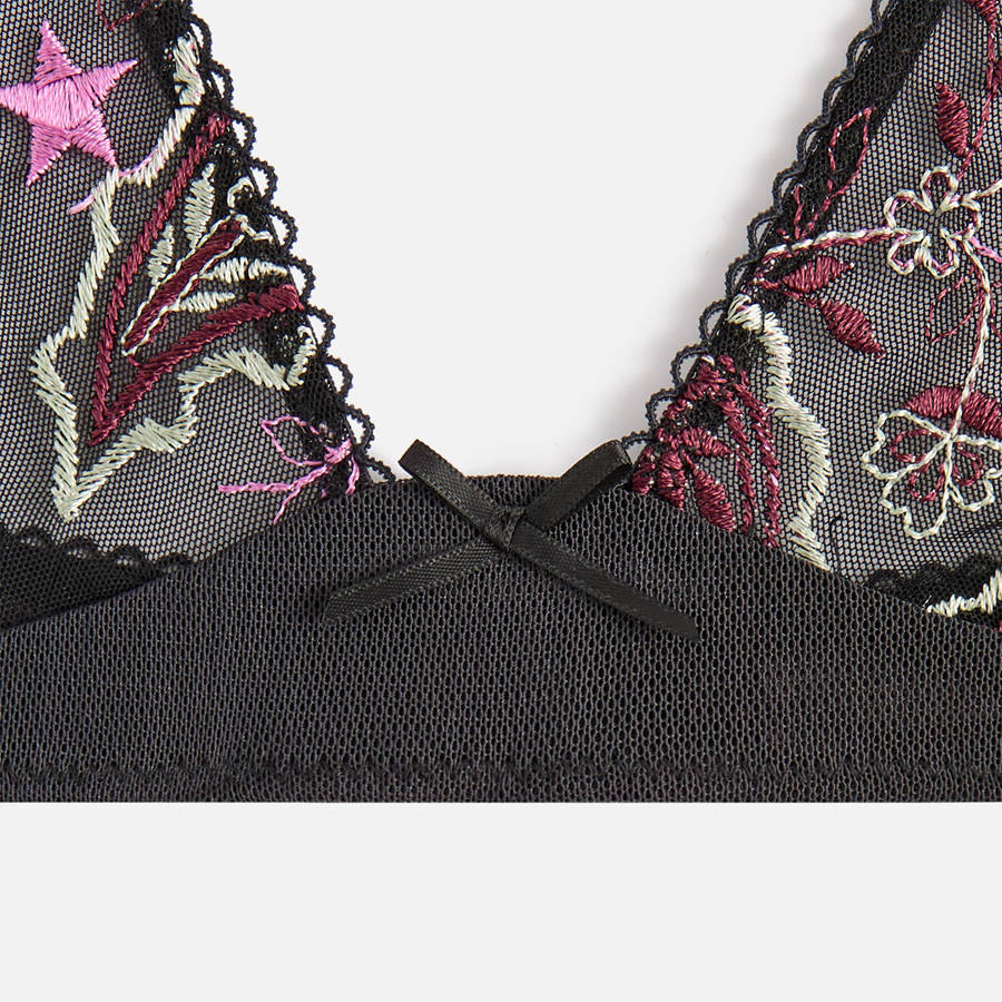 Black Women Kith Embroidered Bra and Thong Set Underwear | 8719-SRJDH
