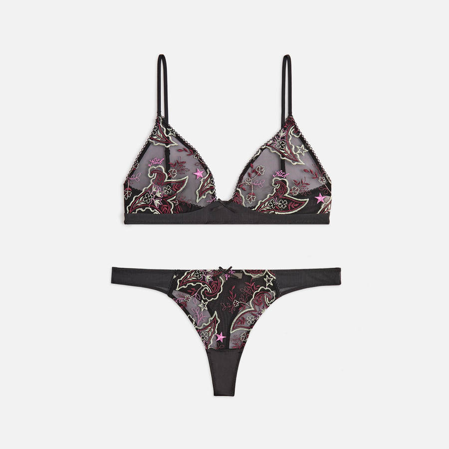 Black Women Kith Embroidered Bra and Thong Set Underwear | 8719-SRJDH