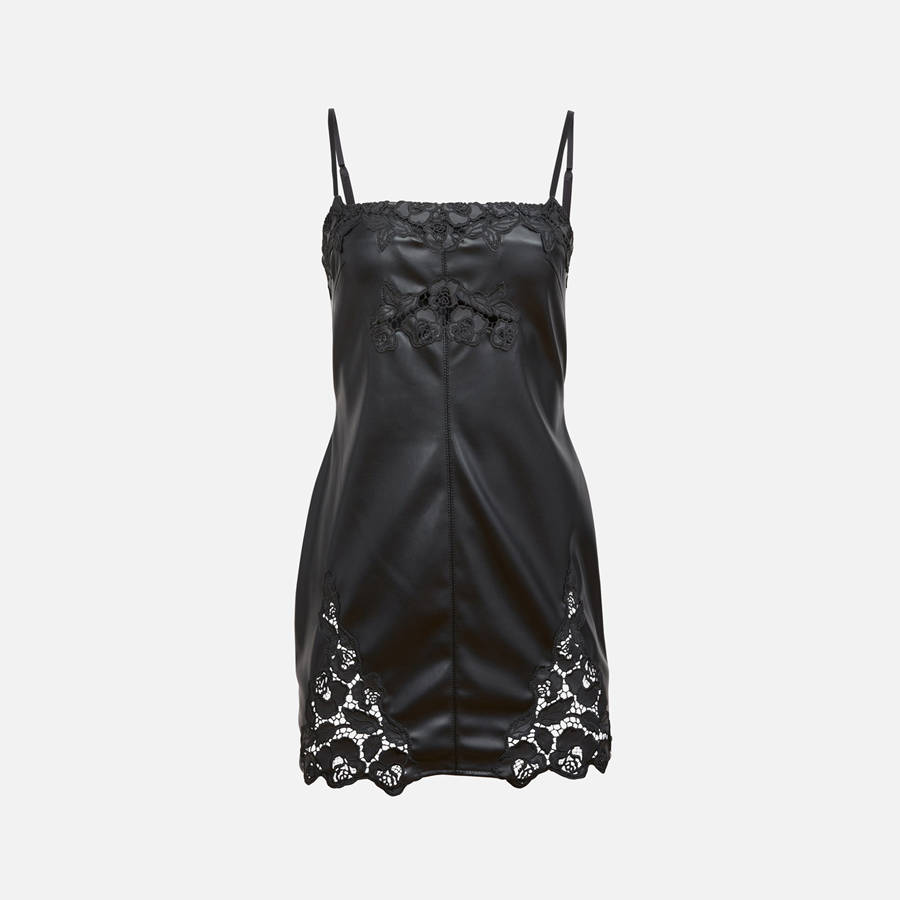 Black Women Kith Fleur du Mal Leather Guipure Embroidery Mini Dress | 7836-IAZGF