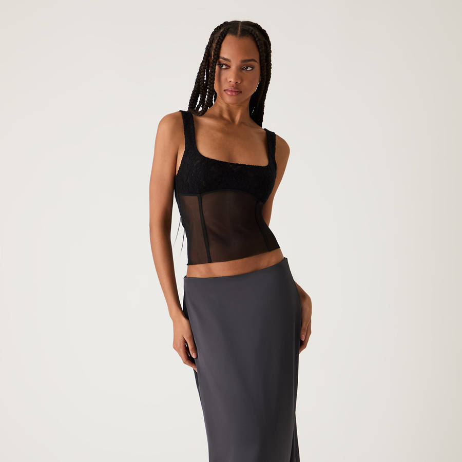 Black Women Kith Liyah Plush Lace Mesh Tank Shirts | 4827-PBMSC