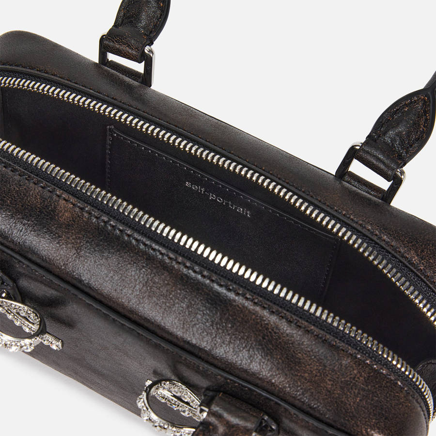 Black Women Kith Self-Portrait Black Distressed Leather Mini Tote Bags | 9510-JKTRV