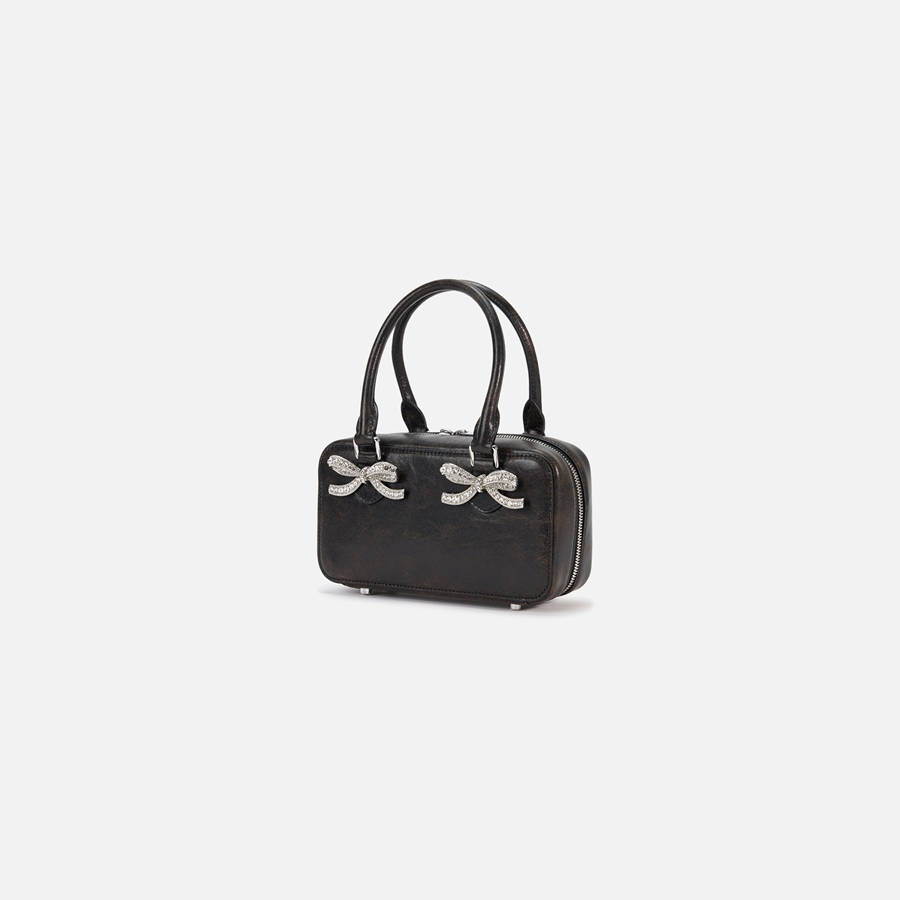 Black Women Kith Self-Portrait Black Distressed Leather Mini Tote Bags | 9510-JKTRV