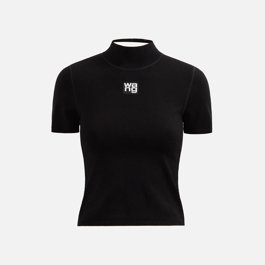 Black Women Kith T by Alexander Wang Foundation Bodycon Mock Neck Top with Logo Patch T-Shirt | 0895-QBUAJ