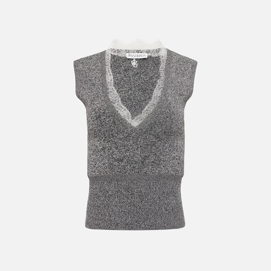 Black / White Women Kith JW Anderson Lace Trim V-Neck Vest | 9273-NLHGS