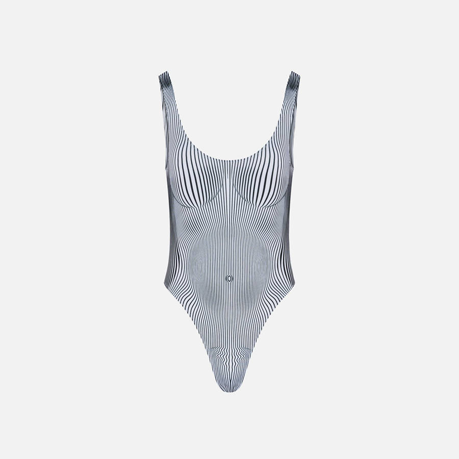 Black / White Women Kith Jean Paul Gaultier Swimsuit Printed in Pinstripe Body Morphing Swim | 4190-PTOGN