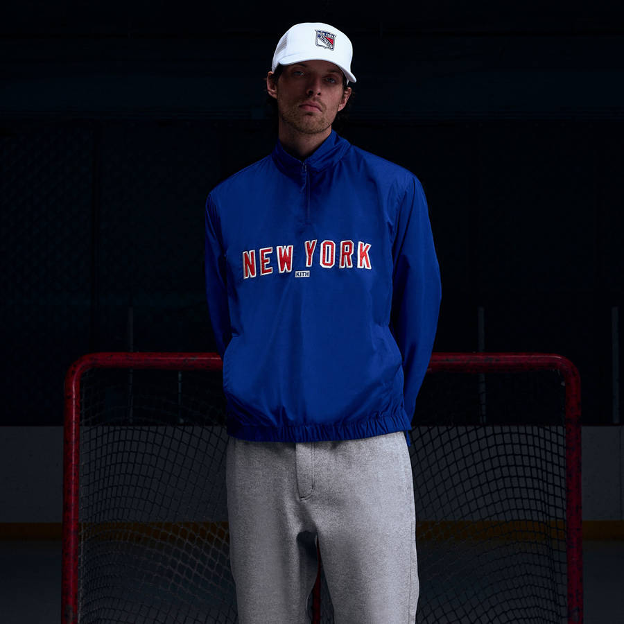 Blue Men Kith for the New York Rangers Nylon Quarter Zip Sweatshirts | 9046-FMSPW