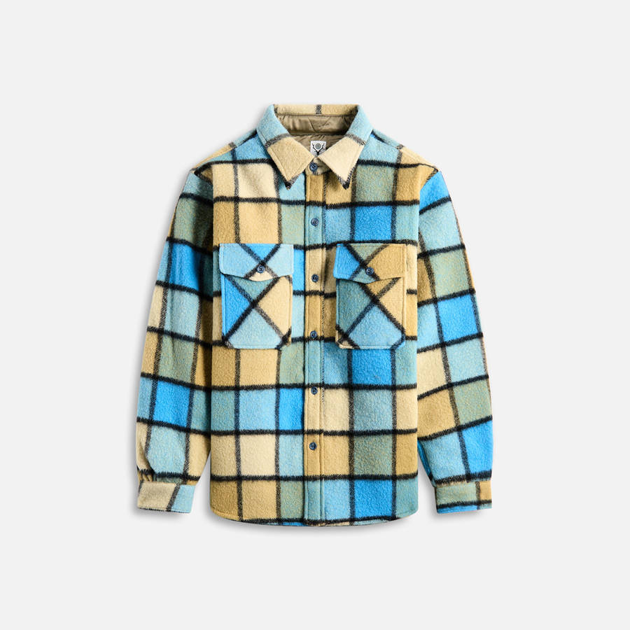 Blue / Yellow Men Kith South2 West8 Western Wool Brushed Plaid Twill Shirts | 7596-XTFNP