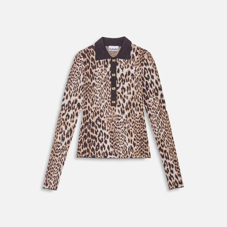 Leopard Women Kith Ganni Fine Merino Jacquard Leopard Polo Shirts | 3405-LRODV