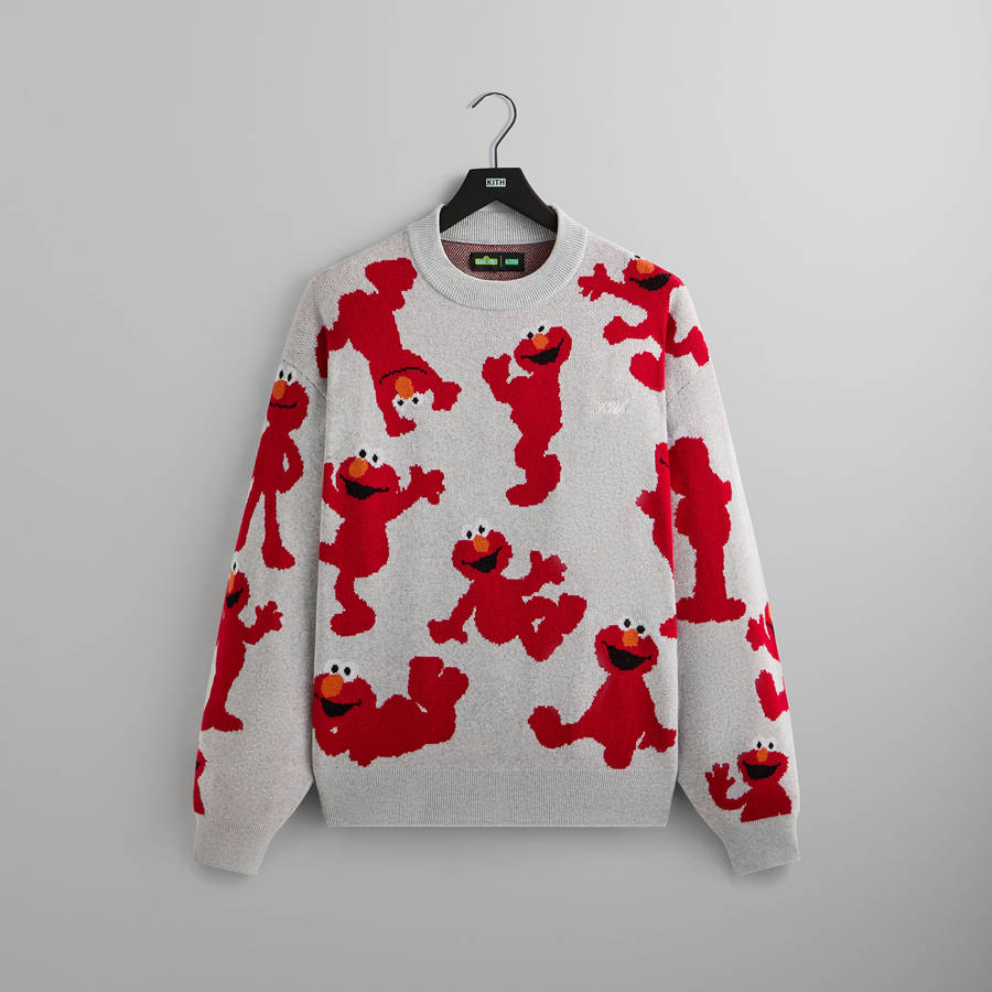 Light Grey Men Kith for Sesame Street Elmo Intarsia Crewneck Sweater Sweatshirts | 0654-BCJWR