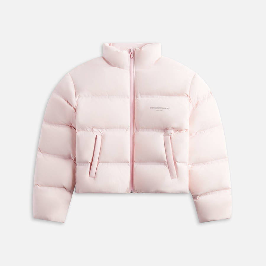 Light Pink Women Kith Alexander Wang Jacquard Channel Cropped with Reflective Logo Puffers | 9087-BPJTL