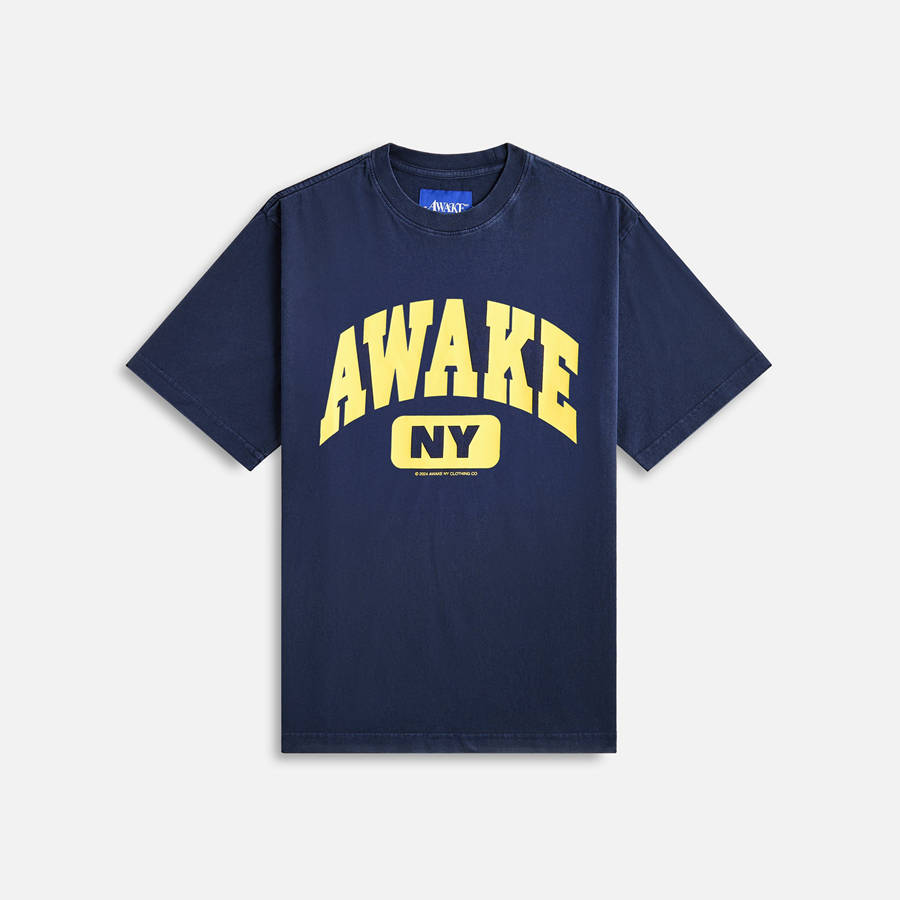 Navy Men Kith Awake NY Varsity T-Shirt | 8697-EYTPD