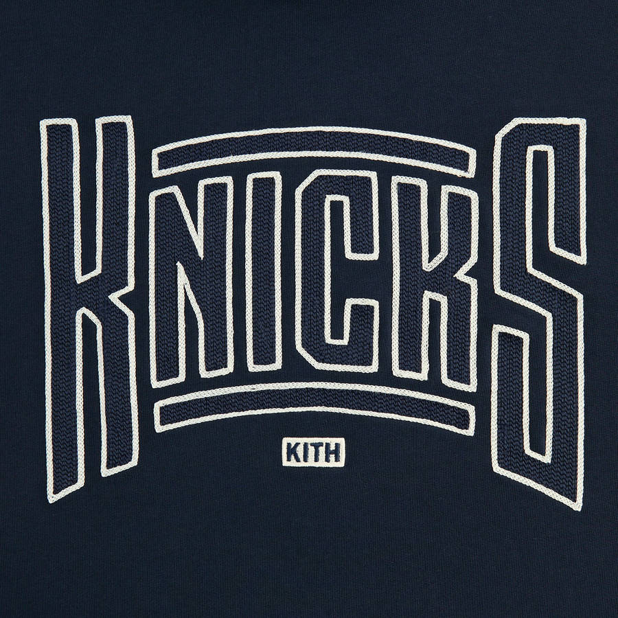 Navy Men Kith for the New York Knicks Arched Vintage Nelson Hoodie Sweatshirts | 6582-HIUAG