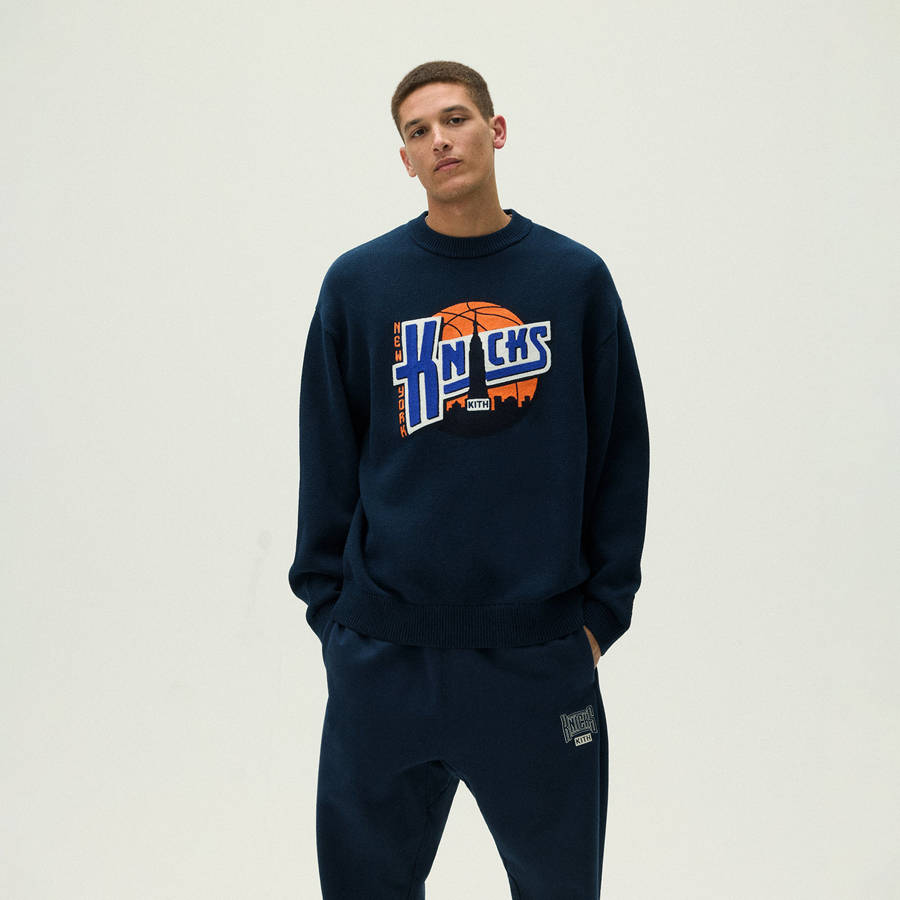 Navy Men Kith for the New York Knicks City Vintage Nelson Crewneck Sweatshirts | 6149-VBRNU