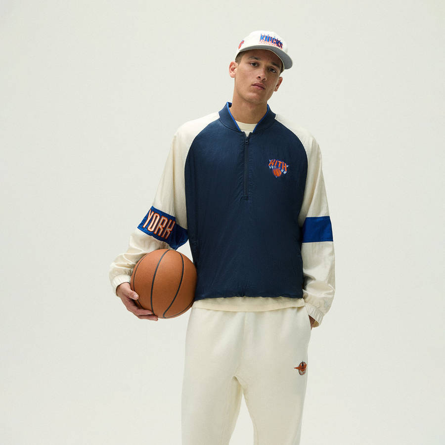 Navy Men Kith for the New York Knicks Nylon Quarter Zip Sweatshirts | 3829-PVUNO