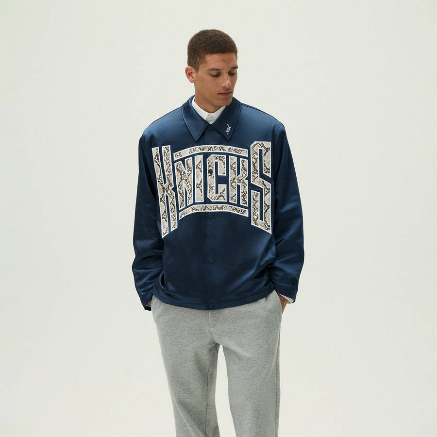 Navy Men Kith for the New York Knicks Snap Front Coaches Jackets | 3594-ULXDP