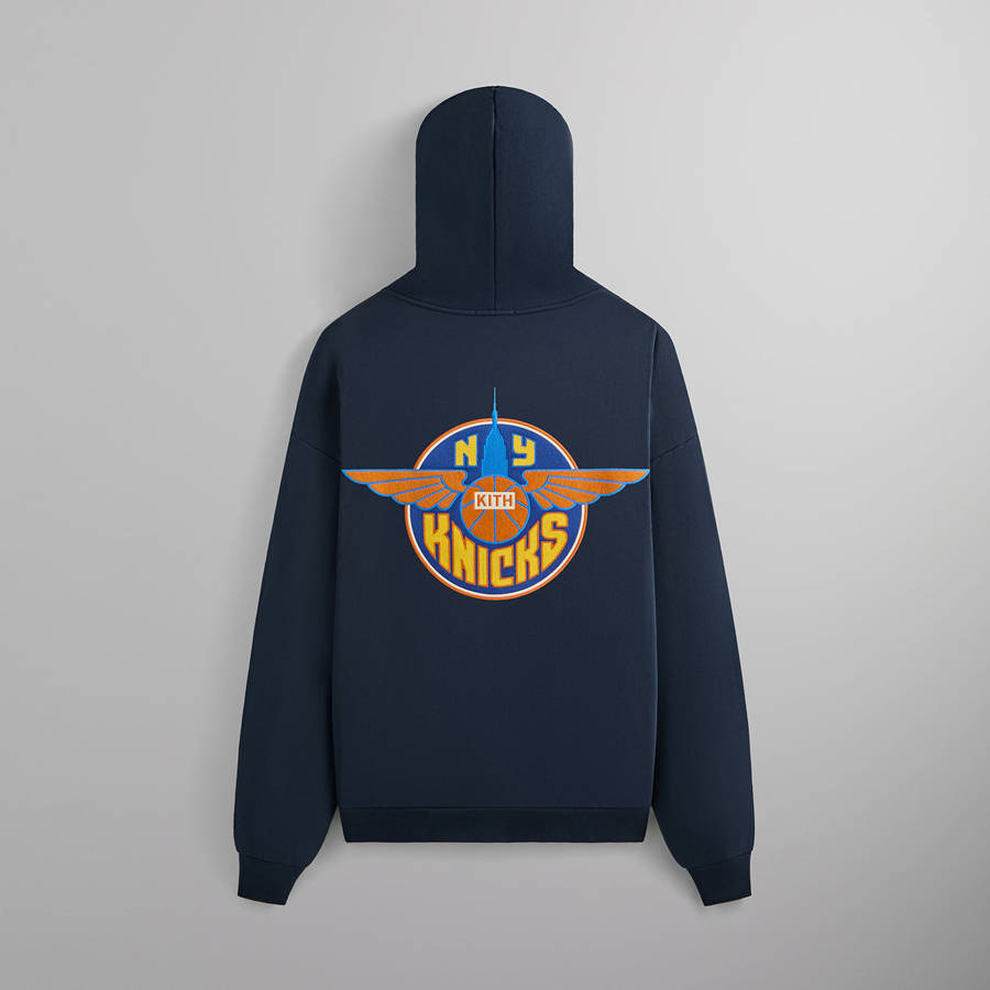 Navy Men Kith for the New York Knicks Wingman Vintage Nelson Hoodie | 5489-QWAXF