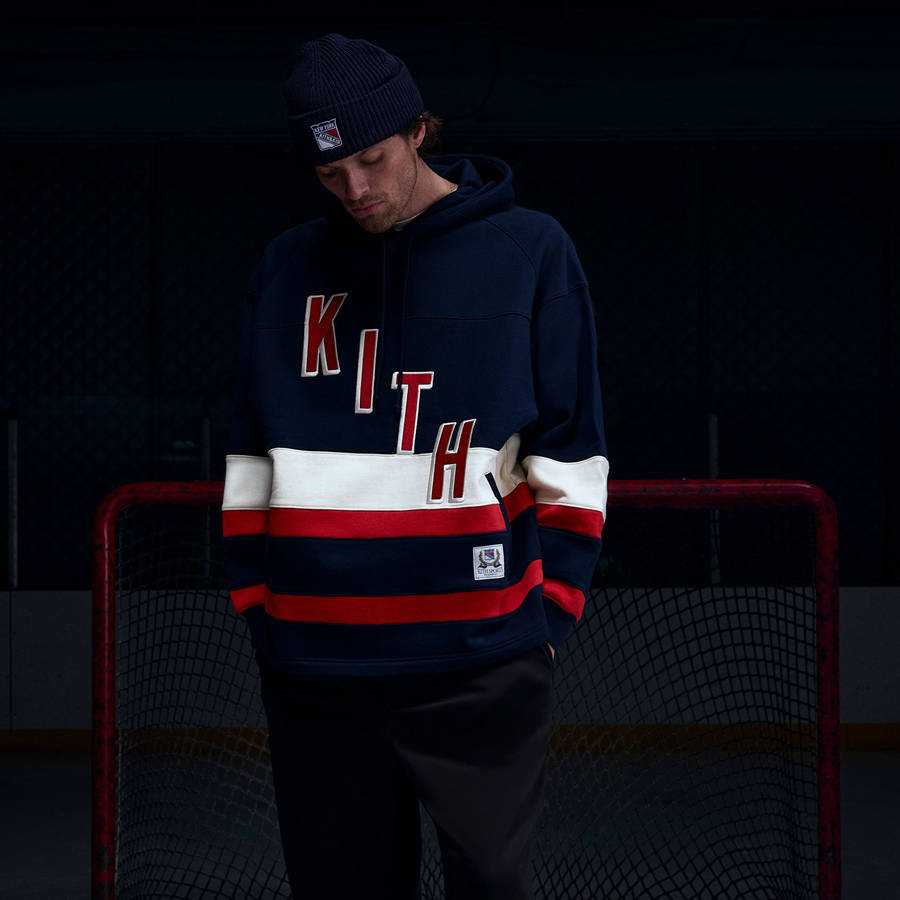 Navy Men Kith for the New York Rangers Skewed Delk Hoodie Sweatshirts | 9627-FEPNL