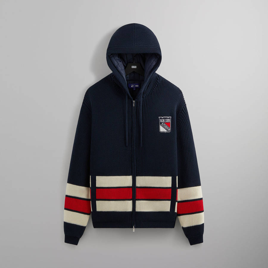 Navy Men Kith for the New York Rangers Sierra Knit Bomber Jackets | 5246-FRCMB