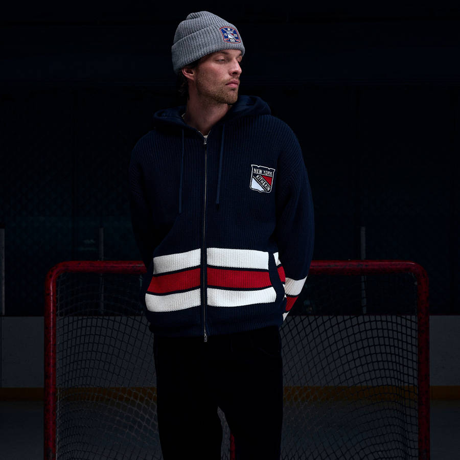 Navy Men Kith for the New York Rangers Sierra Knit Bomber Jackets | 5246-FRCMB