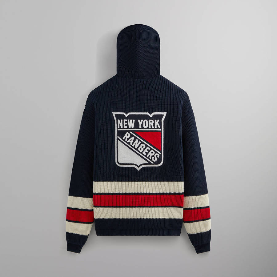 Navy Men Kith for the New York Rangers Sierra Knit Bomber Jackets | 5246-FRCMB