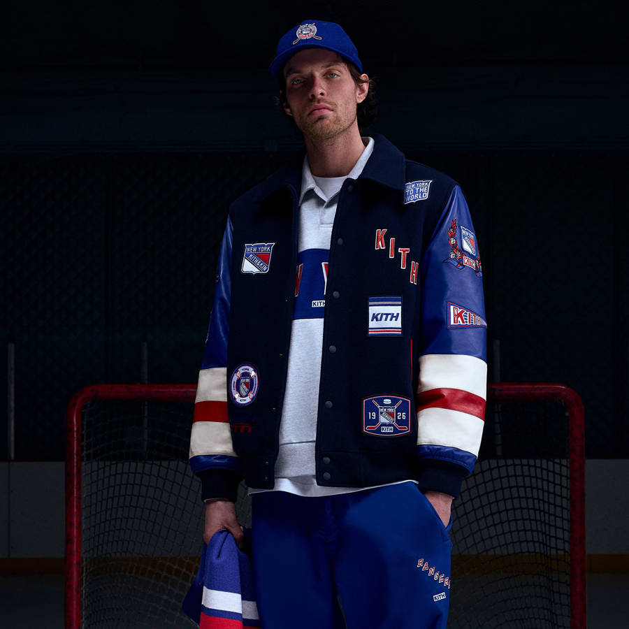 Navy Men Kith for the New York Rangers Wool Leather Varsity Jackets | 1849-UNKHS
