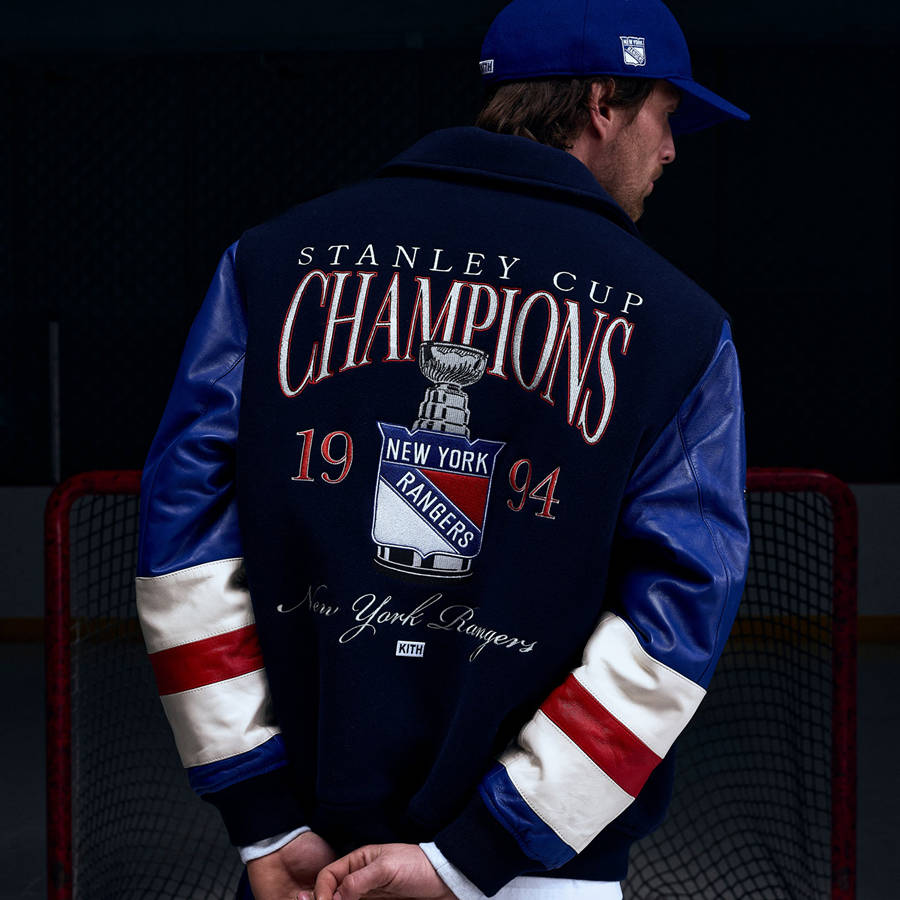 Navy Men Kith for the New York Rangers Wool Leather Varsity Jackets | 1849-UNKHS